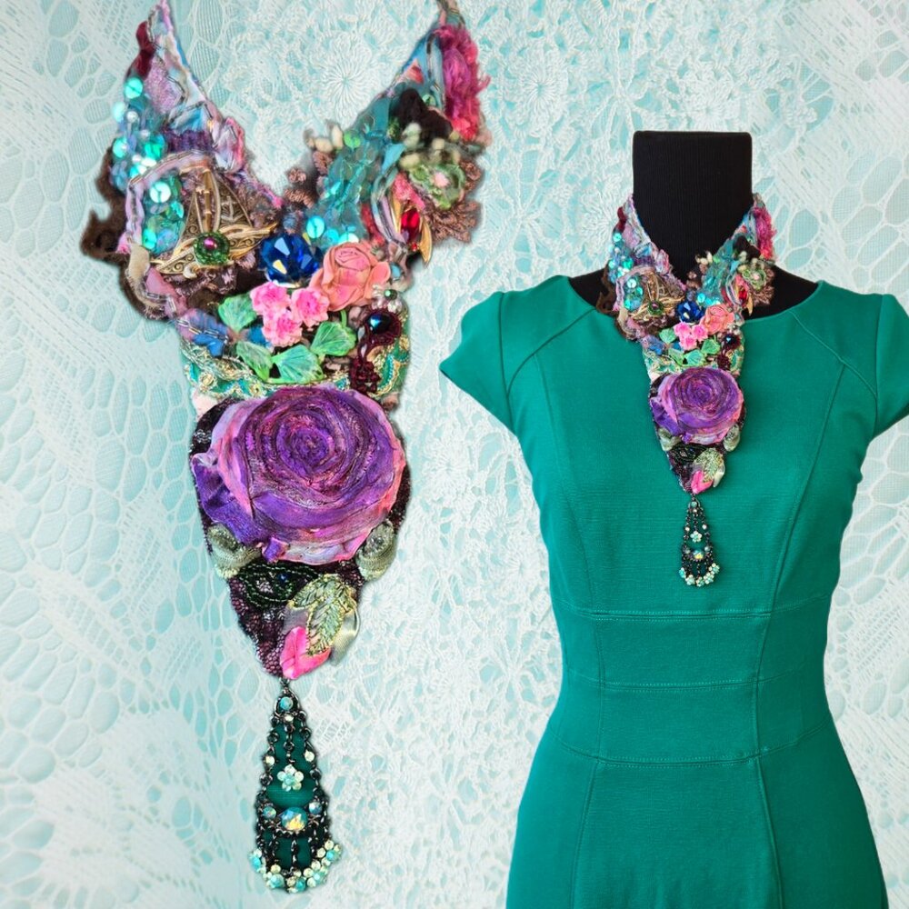 Handmade Embroidered V-neckline Bejeweled Rose Collar Necklace Mermaidcore